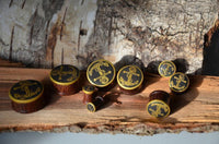 Load image into Gallery viewer, Plug Holz Tamarinde dunkelbraun Anker Seil Brass Überzug golden Rand Piercing
