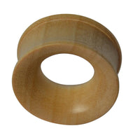 Load image into Gallery viewer, A ribbed, light brown Holz Flesh Tunnel Krokodilholz Plug for gedehnte Ohren, featuring a wide outer edge and hollow center, is shown at an angle against a white background.
