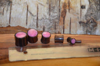 Cargar imagen en el visor de la galería, Five Holz Plug Sonoholz rosa schillernd Resin Inlay double flared plugs are lined up by size on a wood surface next to a clear ruler, in front of tree bark. Each features a shimmering pink resin center, ranging from large to small.
