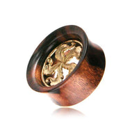 Load image into Gallery viewer, Narra Holz Tunnel schwarz Brass Inlay Windrad Blätter gold antik nickelfrei Tribal Plug Expander
