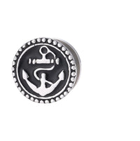 Load image into Gallery viewer, A round, silver Schraubplug Tunnel Edelstahl Plug features a raised anchor design in the center, encircled by a beaded border, perfect for a standout look.
