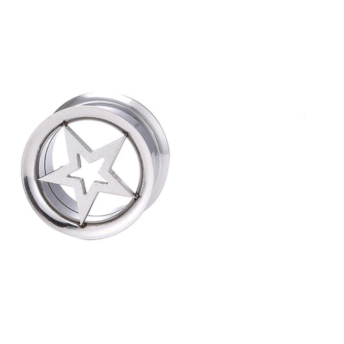 A silver Schraubplug Tunnel Edelstahl Plug with a star-in-star design, shown against a plain white background.