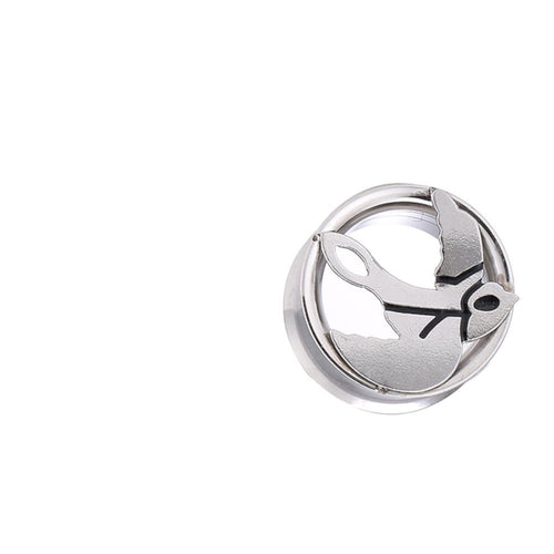 A thin silver Schraubplug Tunnel, made from stainless steel, features a delicate dove and swallow cut-out design, combining minimalist elegance reminiscent of Chirurgenstahl Plug jewelry, shown against a white background.