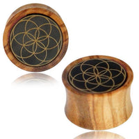 Cargar imagen en el visor de la galería, Olivenholz Horn Inlay Flesh Plug Blume des Lebens
