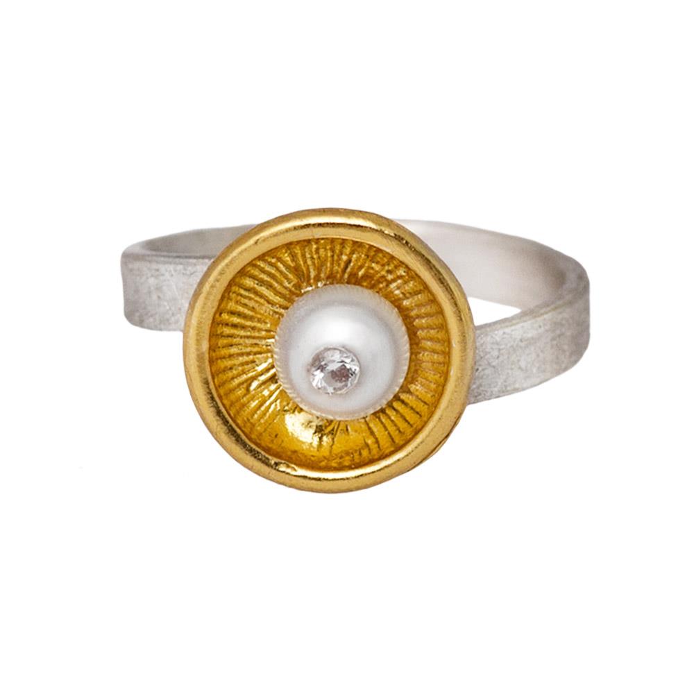 Ringe vergoldet Perle 925 Silber matt verstellbar Zirkonia Kelch Goldschmiedearbeit