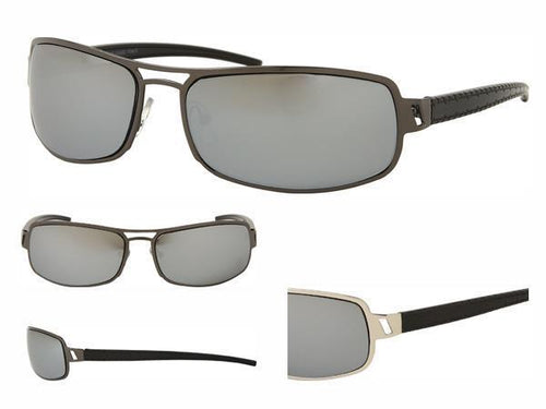 Four views show the Sonnenbrille Sportbrille Freizeitbrille with silbern verspiegelte 400UV Gläser and schwarzen Muster-Bügeln vor weißem Hintergrund. Die nickelfreien Metallrahmen und der UV-Schutz sorgen für optimalen Komfort.