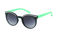 Load image into Gallery viewer, The Sonnenbrille Damen rund Cat Eye Vintage Zierstreifen Glamour Brille 400UV getönt John Lennon features black round cat eye frames, metallic top accent, dark gradient lenses, and green arms for stylish UV400 protection, shown on a white background.
