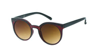 Load image into Gallery viewer, The Sonnenbrille Damen rund Cat Eye Vintage Zierstreifen Glamour Brille 400UV getönt John Lennon has round red frames, black arms, dark gradient brown lenses, and offers UV-Schutz 400, shown against a white background.
