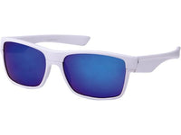 Cargar imagen en el visor de la galería, The Sonnenbrille Nerd Sportbrille features a white frame, rectangular reflective blue lenses, Retro Stil, and 400 UV-Schutz, displayed on a plain white background.
