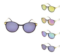 Cargar imagen en el visor de la galería, Five Sonnenbrille rund Vintage Panto 400UV in John Lennon Stil are displayed, each with black frames, golden Metallbügel, and mirrored lenses in blue, yellow, pink, green, and brown, all offering 400UV protection.
