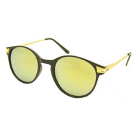 Cargar imagen en el visor de la galería, Die Sonnenbrille rund Vintage Panto 400UV im John Lennon Stil besitzt schwarze Rahmen, goldene Metallbügel und gelb verspiegelte Gläser – stilvoller UV-Schutz auf weißem Hintergrund.
