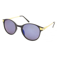 Cargar imagen en el visor de la galería, Sonnenbrille rund Vintage Panto 400UV mit goldenen Metallbügeln, schwarzem Rahmen und blauen, verspiegelten Gläsern im John Lennon Stil, präsentiert vor weißem Hintergrund.
