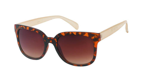 The Sonnenbrille Nerd Vintage Damen features a brown cateye design with 400UV protection, tinted lenses, and light beige arms, shown on a white background.