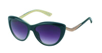 Load image into Gallery viewer, A pair of Sonnenbrille Damen Vintage getönt 400UV Cat Eye Stil with dark green frames, purple gradient lenses, and gold arms detailing, offering UV-Schutz 400 protection, shown on a white background.

