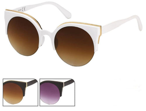 The Sonnenbrille Cat Eye 400 UV round glasses feature white frames with gold metal accents and brown gradient lenses; shown below in black with brown lenses and black with purple gradient lenses.