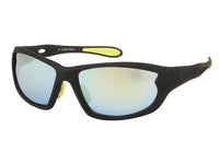 Load image into Gallery viewer, The Sonnenbrillen Radbrille Sportbrillen features a black frame, reflective light blue lenses, yellow accents, and UV 400 protection. With wide arms and rubber details, these sporty glasses combine style and safety for your active lifestyle.
