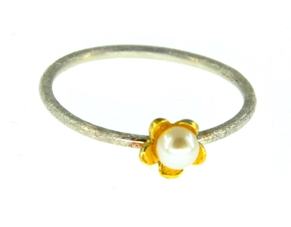 Ring Silber 925 vergoldet Perle Blume 1mm gebürstet