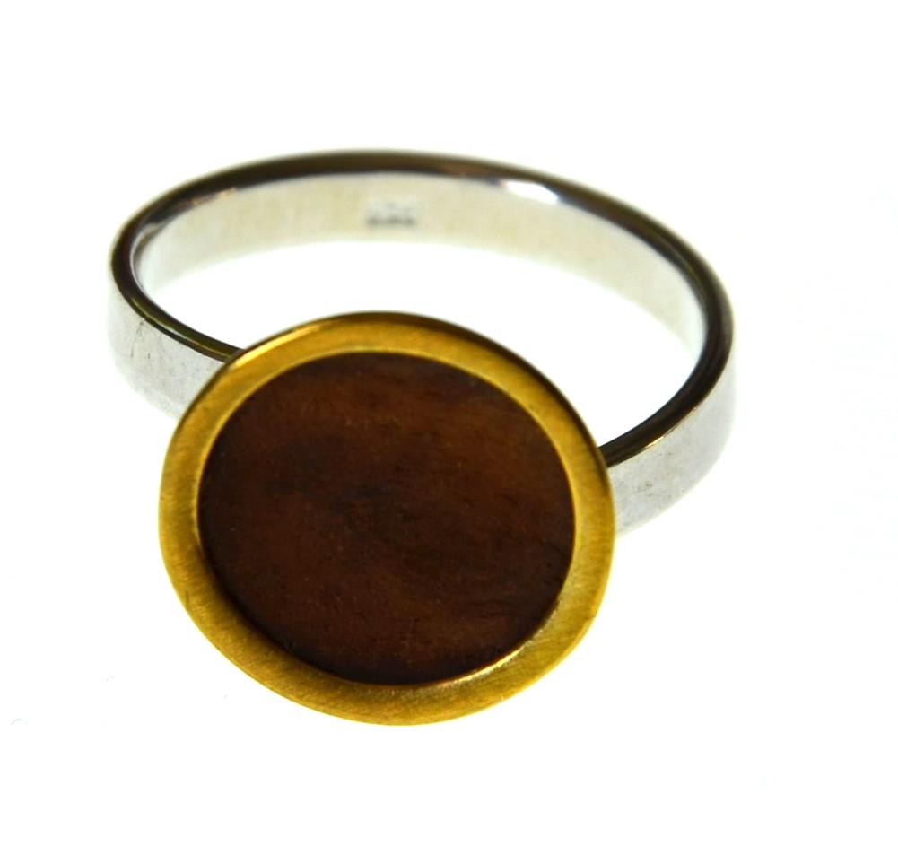 Ring 925 Silber vergoldet Holz Kreis Kelch verstellbar