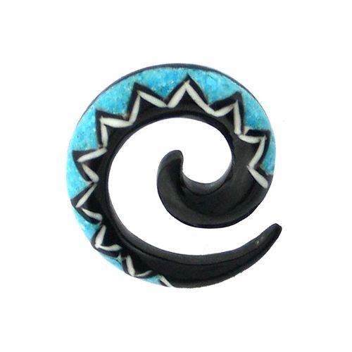 Tribal Buffalo Horn Piercing Expander, schwarze Spirale mit türkisfarbenem Zickzackmuster aus Achatstein, 4mm,  Plug, Tunnel, Ohrring, Ohrhänger, Ohrstecker