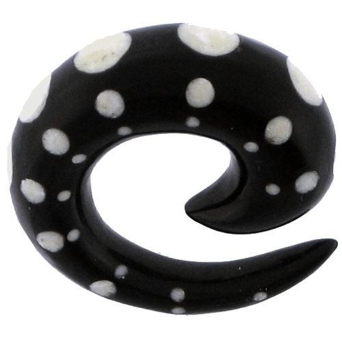 Tribal Buffalo Horn Piercing Expander, schwarze Spirale mit weißen Punkten, 12mm Ohrring aus Büffelhorn, Plug, Tunnel, Ohrhänger, Ohrstecker