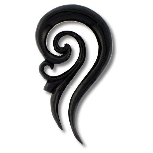 A glossy black Tribal Buffalo Horn Piercing Expander in a spiral French hook style, hand-carved from buffalo horn with two pointed ends, resembles an abstract swirl. Plug Tunnel Ohrhänger shown on a white background.