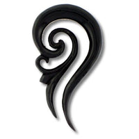 Load image into Gallery viewer, A glossy black Tribal Buffalo Horn Piercing Expander in a spiral French hook style, hand-carved from buffalo horn with two pointed ends, resembles an abstract swirl. Plug Tunnel Ohrhänger shown on a white background.
