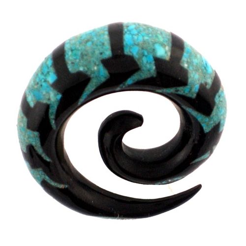 Tribal Buffalo Horn Piercing Expander, schwarze Spirale mit türkisfarbenem Inlay, 4mm,  Plug, Tunnel, Ohrring, Ohrhänger, Ohrstecker