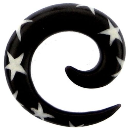 Tribal Buffalo Horn Piercing Expander, schwarze Spirale mit weißen Sternen, 8mm Ohrring aus Büffelhorn, Plug, Tunnel, Ohrhänger, Ohrstecker