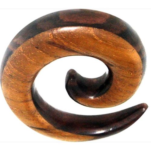 Tribal Holz Pircing Expander, Spirale mit dunkelbraun-hellbraunem Muster, aus Teak- und Sonoholz, 12mm, Plug, Tunnel, Ohrhänger, Ohrstecker