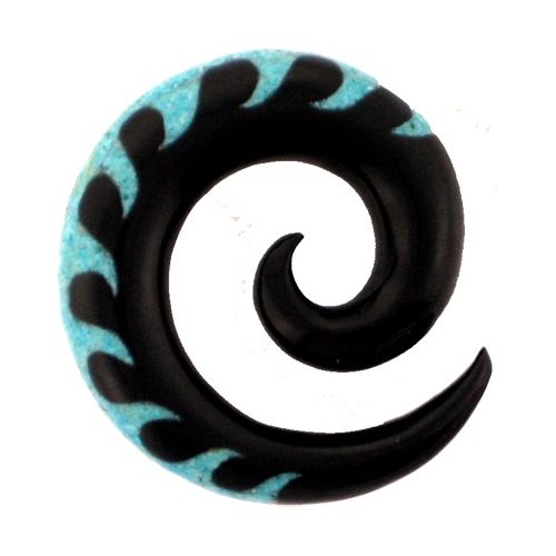 Tribal Buffalo Horn Piercing Expander, schwarze Spirale mit türkisfarbenem Waveinlay, 12mm,  Plug, Tunnel, Ohrring, Ohrhänger, Ohrstecker