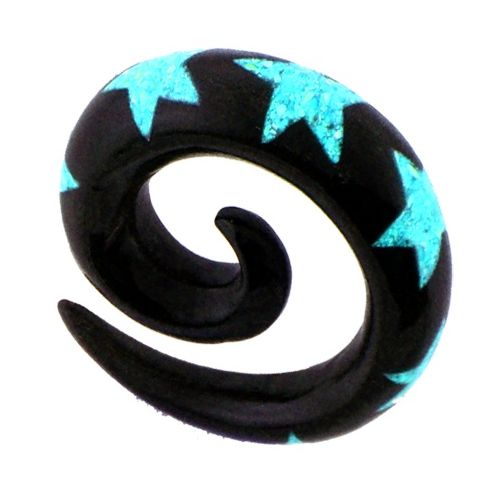 Tribal Buffalo Horn Piercing Expander, schwarze Spirale mit türkisfarbenen Sternen, 8mm,  Plug, Tunnel, Ohrring, Ohrhänger, Ohrstecker