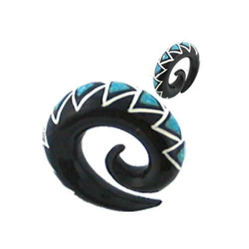 Tribal Buffalo Horn Piercing Expander, schwarze Spirale mit türkisfarbenem Zickzackinlay, 12mm,  Plug, Tunnel, Ohrring, Ohrhänger, Ohrstecker