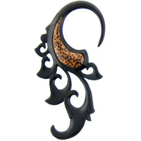 Load image into Gallery viewer, Tribal Holz Piercing Expander 4 mm schwarz Hookspirale Eizenholz braun gepunktet Kokosholzinlay
