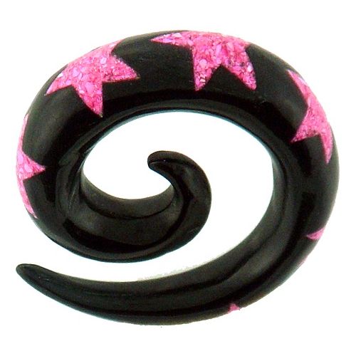 Tribal Buffalo Horn Piercing Expander, schwarze Spirale mit pinkfarbenen Sternen, 8mm,  Plug, Tunnel, Ohrring, Ohrhänger, Ohrstecker