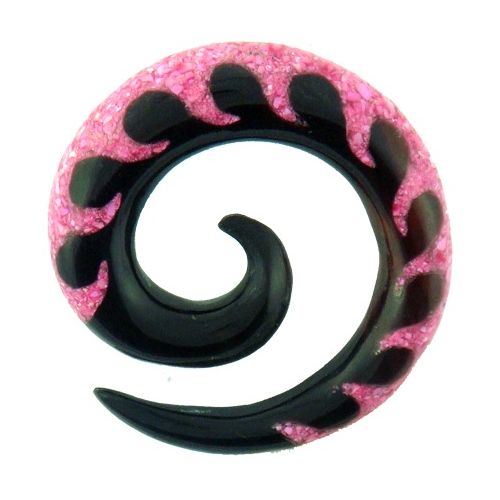 Tribal Buffalo Horn Piercing Expander, schwarze Spirale mit pinkfarbenem Waveinlay, 6mm,  Plug, Tunnel, Ohrring, Ohrhänger, Ohrstecker