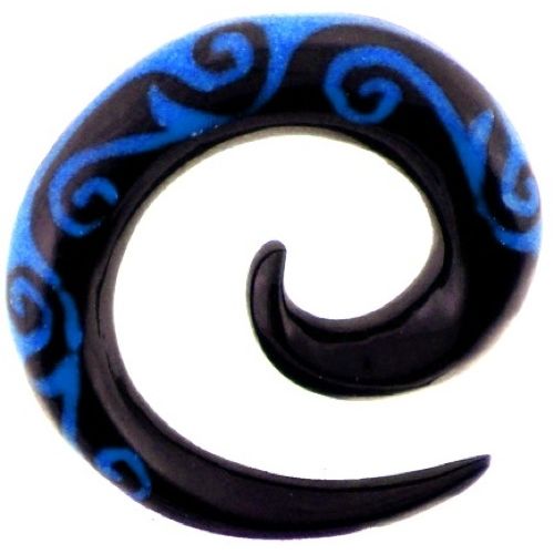 Tribal Buffalo Horn Piercing Expander, schwarze Spirale mit blauem Spiralenmuster , 8mm Ohrring aus Büffelhorn, Plug, Tunnel, Ohrhänger, Ohrstecker