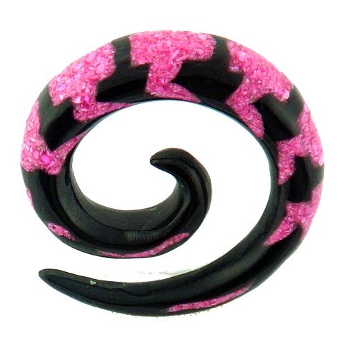 Tribal Buffalo Horn Piercing Expander, schwarze Spirale mit pinkfarbenem Inlay, 4mm,  Plug, Tunnel, Ohrring, Ohrhänger, Ohrstecker