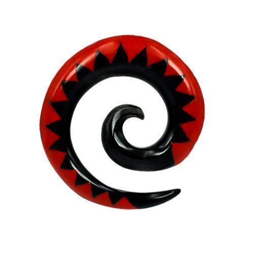 Tribal Buffalo Horn Piercing Expander, schwarze Spirale mit rotem Zickzackmuster, 8mm,  Plug, Tunnel, Ohrring, Ohrhänger, Ohrstecker