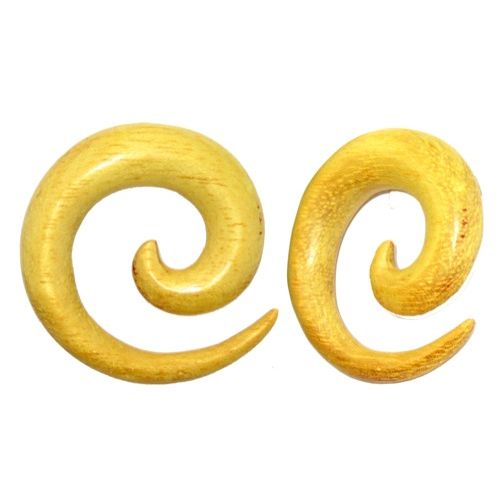 Tribal Holz Pircing Expander, gelbe Spirale, handgeschnitzt aus Jackfruchtbaum Holz, 12mm, Plug, Tunnel, Ohrhänger, Ohrstecker