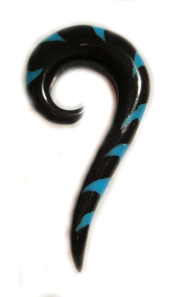 Tribal Buffalo Horn Piercing Expander, schwarze Thaispirale mit blauem Welleninlay, 4mm,  Plug, Tunnel, Ohrring, Ohrhänger, Ohrstecker