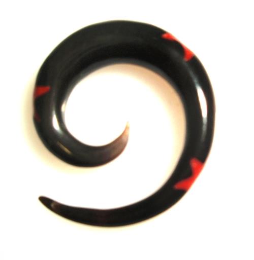 Tribal Buffalo Horn Piercing Expander, schwarze Spirale mit rotem Sterneninlay, 6mm,  Plug, Tunnel, Ohrring, Ohrhänger, Ohrstecker