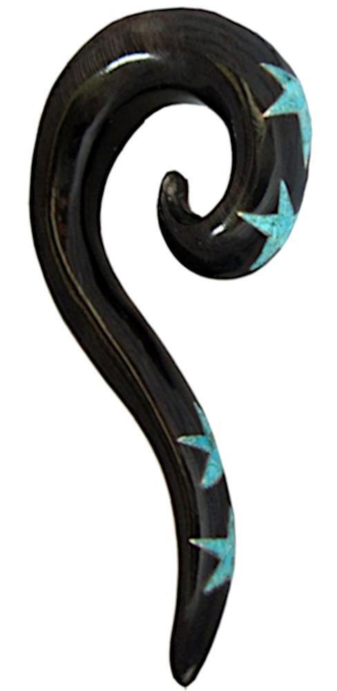 Tribal Buffalo Horn Piercing Expander, schwarze Thai-Spirale mit türkisfarbenen Sternen Inlay, 12mm,  Plug, Tunnel, Ohrring, Ohrhänger, Ohrstecker