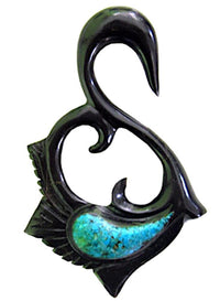 Load image into Gallery viewer, A black Tribal Buffalo Horn Piercing Expander shaped like a swan, featuring a turquoise stone inlay with detailed accents, perfect as an eye-catching plug or ear hanger.
