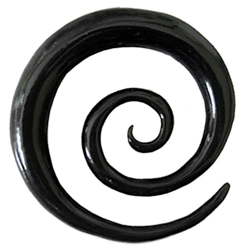 A glossy black Tribal Buffalo Horn Piercing XL-Spiral Plug Expander Ohrhänger Ohrstecker, resembling a stylized swirl or coil, stands out against a crisp white background.