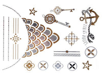 Load image into Gallery viewer, Tattoo golden silbern temporär Motivbogen Klebetattoos Schlüssel Sailor Schmuck Tattoos
