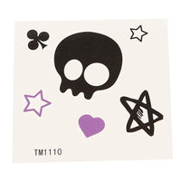 Load image into Gallery viewer, Klebetattoo temporär Comic Herzen Sterne Totenkopf schwarz lila 1 Bogen
