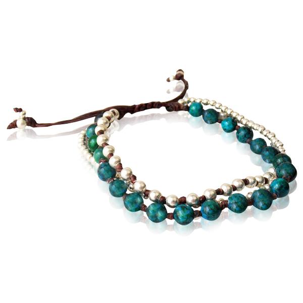 Armband dreilagig grün blau Steine Brass Perlen Baumwolle gewachst braun nickelfrei verstellbar