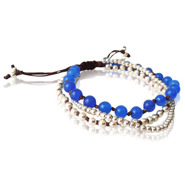 Armband dreilagig blau Steine Brass Perlen Baumwolle gewachst braun nickelfrei verstellbar