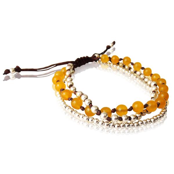 Armband dreilagig gelb Steine Brass Perlen Baumwolle gewachst braun nickelfrei verstellbar