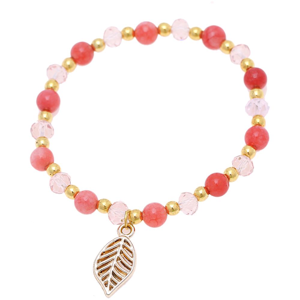 Brass Armband golden Achat rosa Perlen Kristalle facettiert Blatt Charm verstellbar